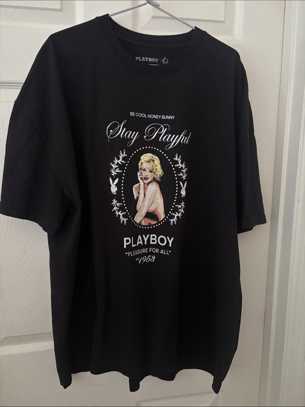 PLAYBOY Black Graphic Tee with White & Blonde Print